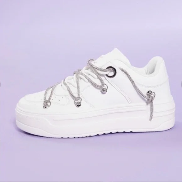 White Sneakers with Silver Accents with Rhinestone Lace - Picture 6 of 12